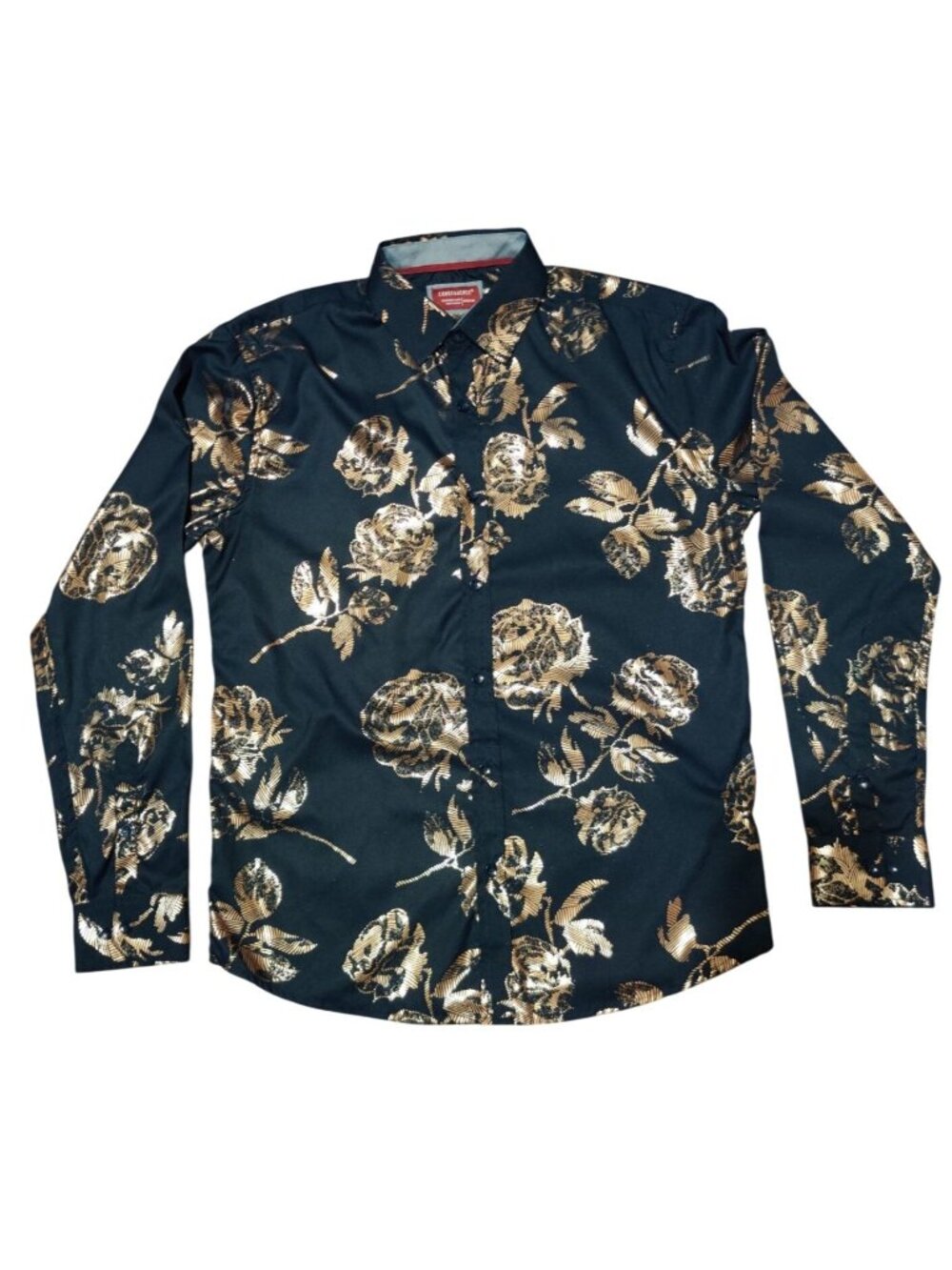 Consequence Shirt M Navy Gold Rose Foil Floral Button Up Long Sleeve Statement